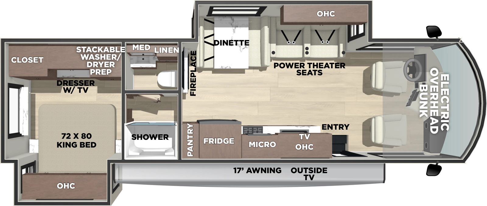 The Georgetown 7 Series GT7 31X7 floorplan has one entry and two slide outs. Exterior features include: 17' awning and outside entertainment. Interiors features include: rear bedroom, pass through bathroom, bunk over cab and dinette.